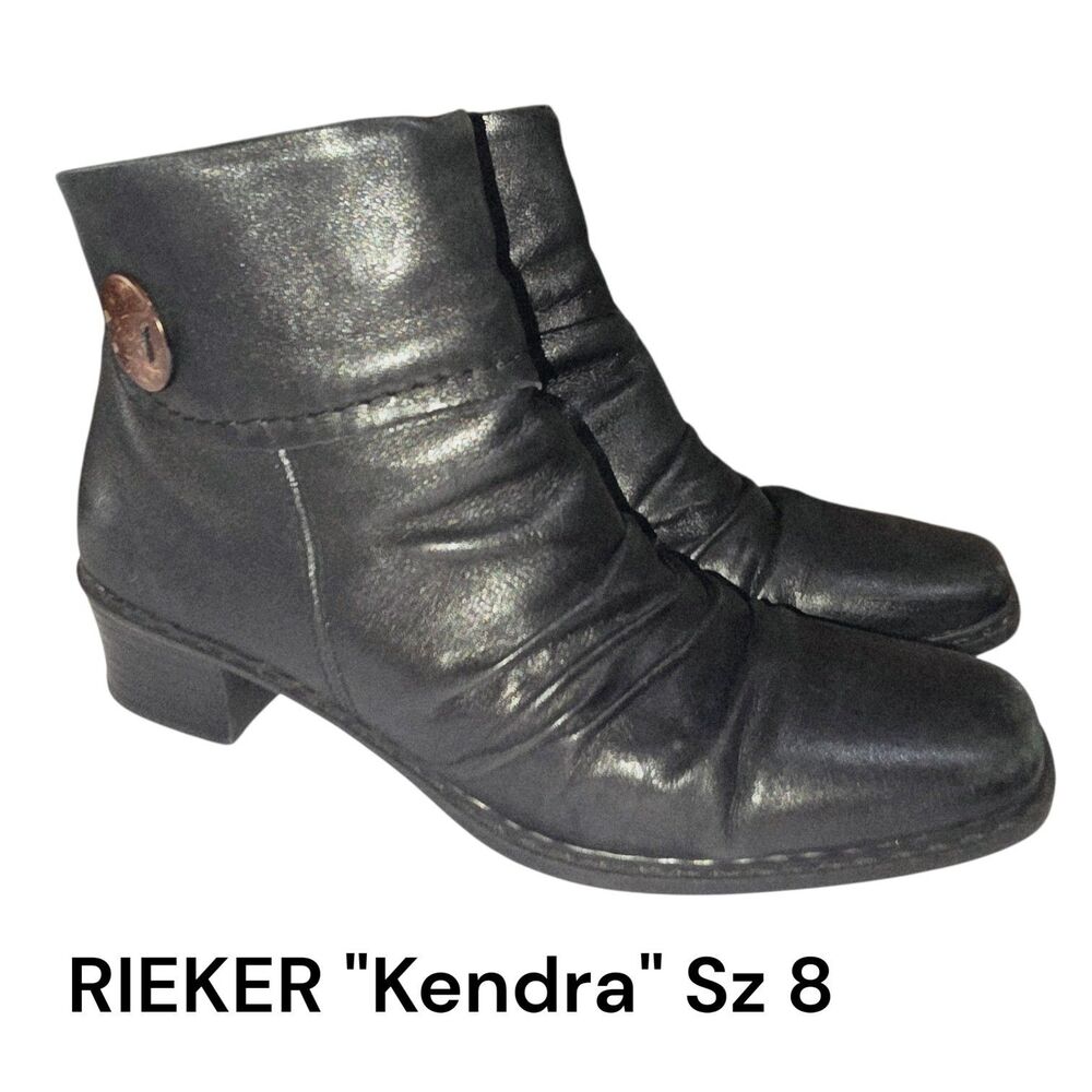 Rieker Sz 8 Kendra Slouchy Black Side Button Zip Lagenlook Leather Ankle Boots
